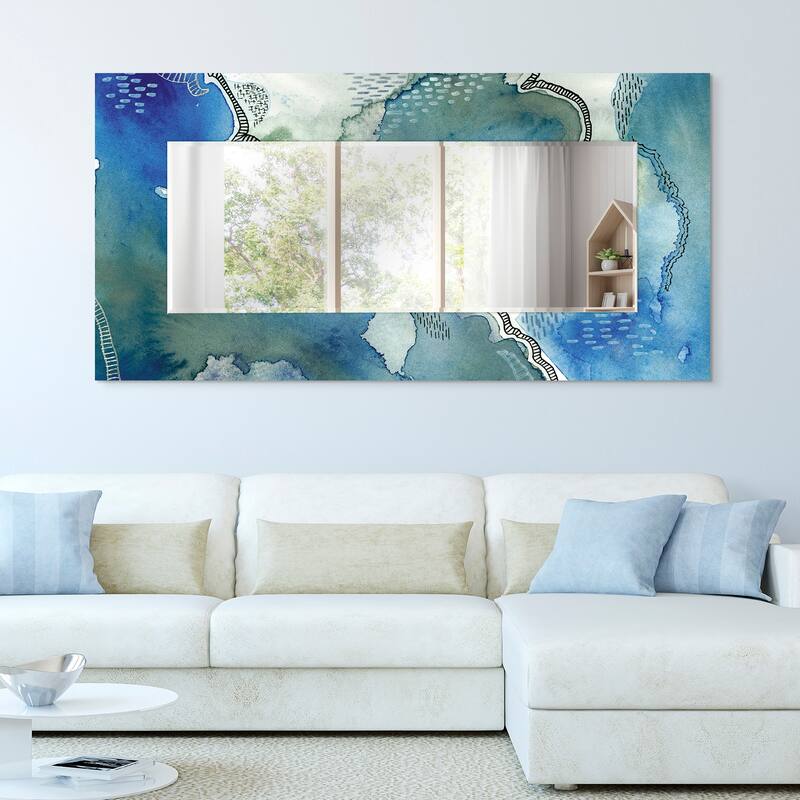 "Subtle Blue"Abstract Rectangular Beveled Wall Mirror on Free Floating Tempered Glass - Multi