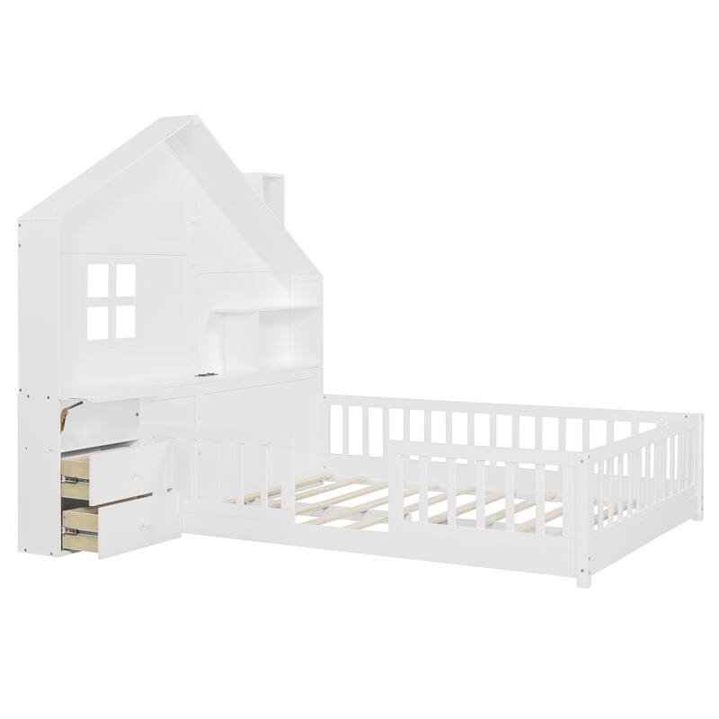 Full Size House Bed with Window, Bedside Storage Drawers, USB Ports & Shelves, Stylish & Functional Platform Bed