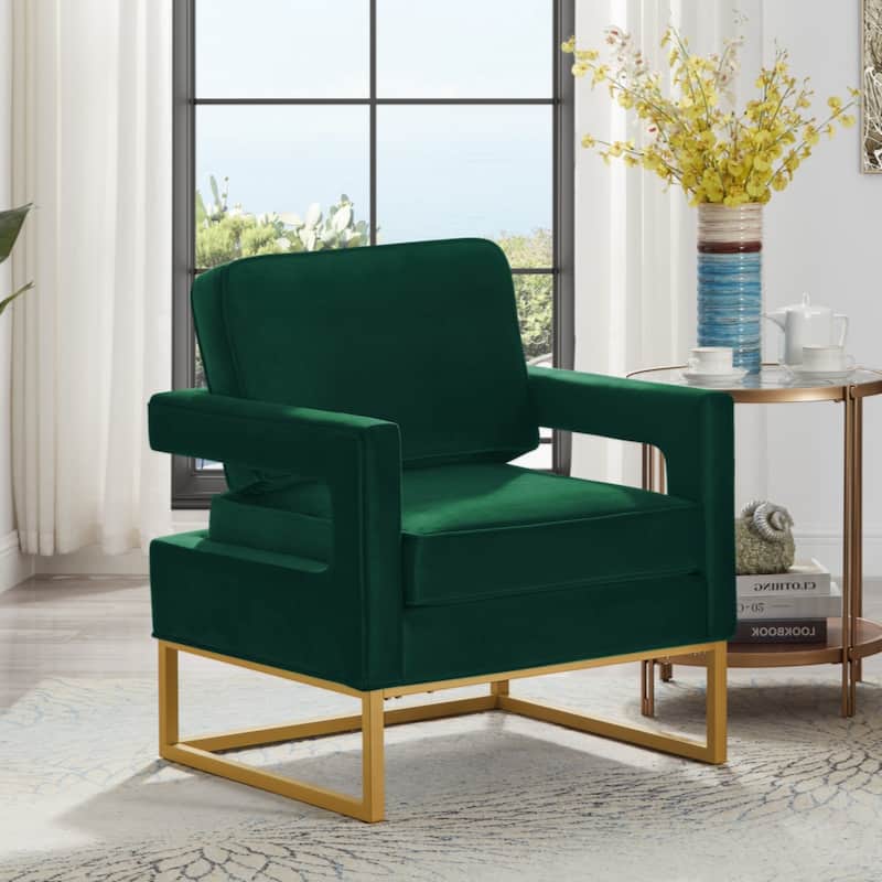 Modern Style Accent Chair with Gold Metal Base , Velvet Upholstered Leisure Chair with Open Armrest, Armchair - Emerald