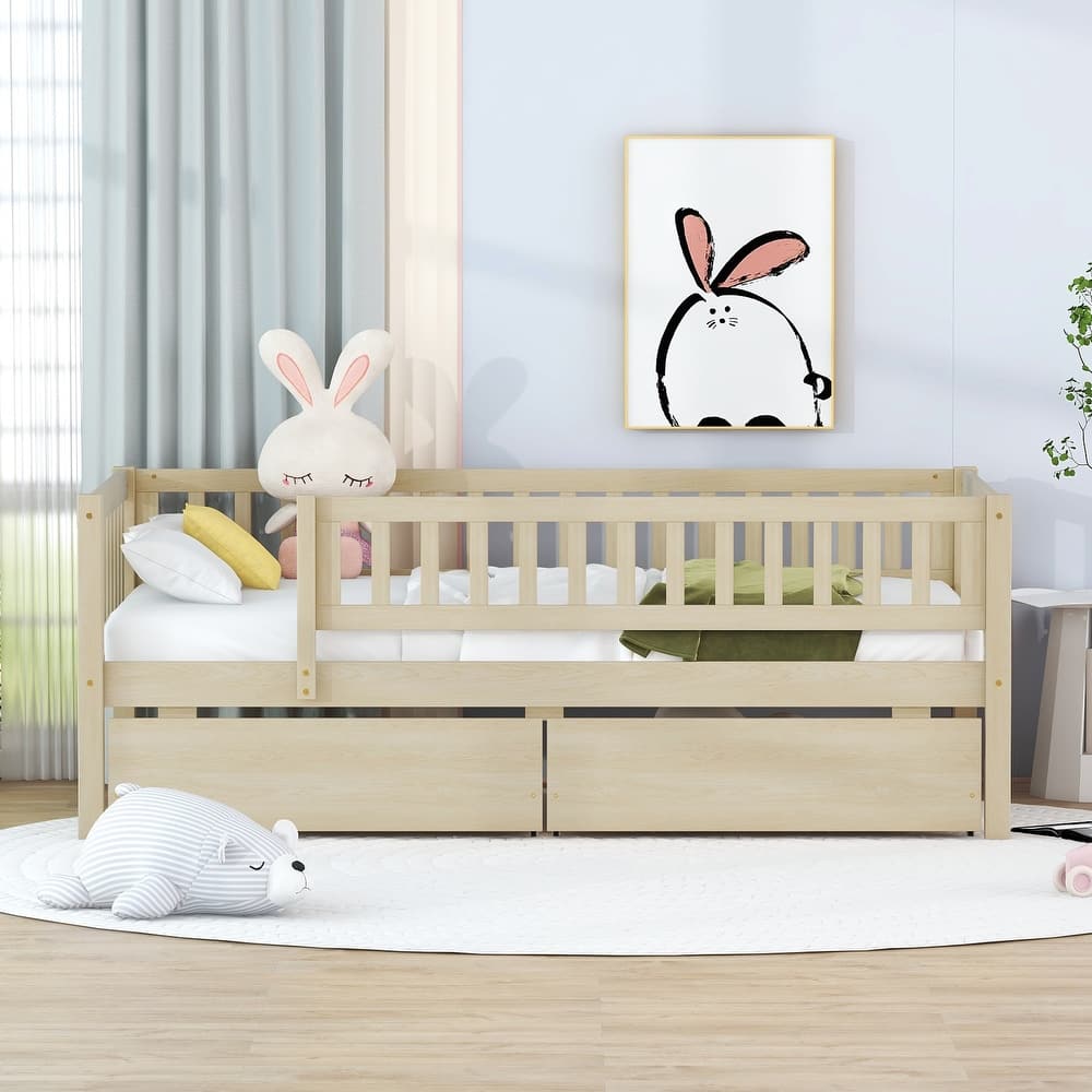Twin Size Daybed Wood Bed Wood Platform Bed Frame No Box Spring Needed, 2 Extendable Wood Drawers with Trundle for Boys Girls