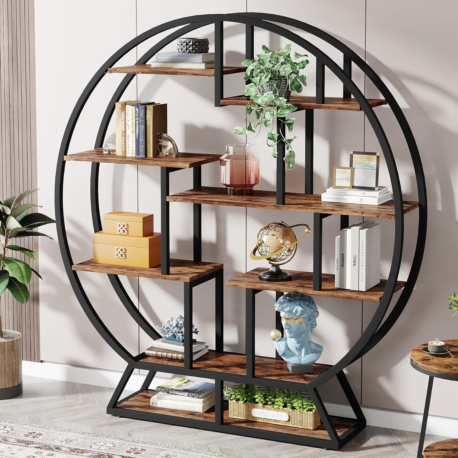 Round Bookshelves Etagere Bookcase, 63 Inch Industrial Wood Book