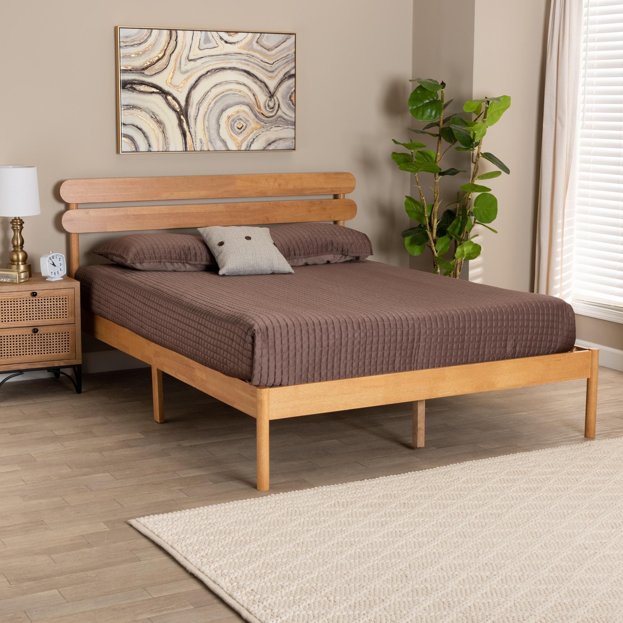 Quincia Japandi Sandy Brown Finished Wood Platform Bed-Queen - Bed