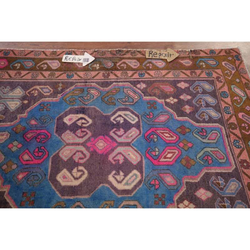 Geometric Meshkin Persian Vintage Runner Rug Hand-Knotted Wool Carpet - 3'9" x 10'6"