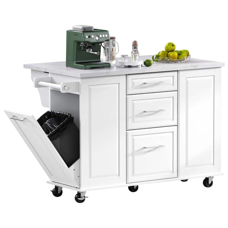 Vintage Rolling Kitchen Cart and Island with Drop Leaf, Tilt Trash Can Cabinet, 2 Drawers and 2-tier Pull-out Storage Organizer