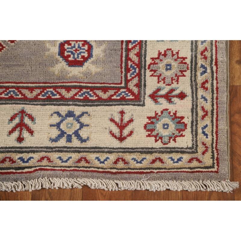 Geometric Grey Kazak Runner Rug Handmade Wool Carpet - 2'10" x 19'7"