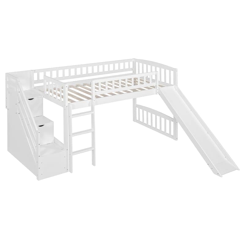 Stairway Twin Size Loft Bed with Two Drawers and Slide, Solid Wood Frame, Convertible Ladder, and Storage Space