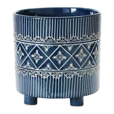Debossed Stoneware Footed Planter with Pattern, Blue & White (Holds 9" Pot)