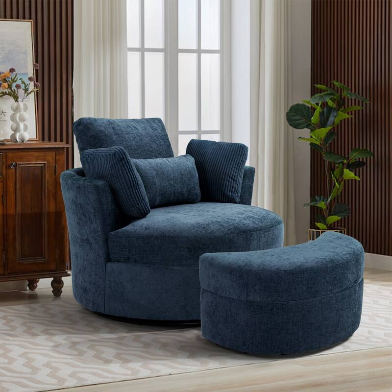 41" W Oversized Accent Barrel Swivel Chair with Moon Storage Ottoman