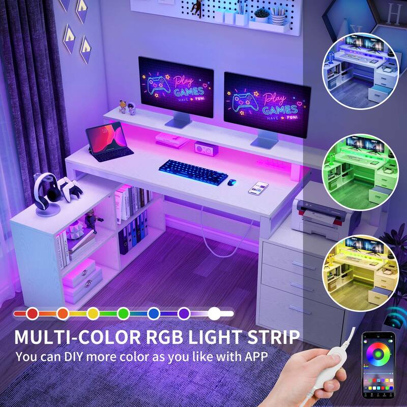 Moasis 65-inch L Shaped Computer Office Desk with Cabinet Drawers Gaming Desk w/Power Outlets & LED Lights