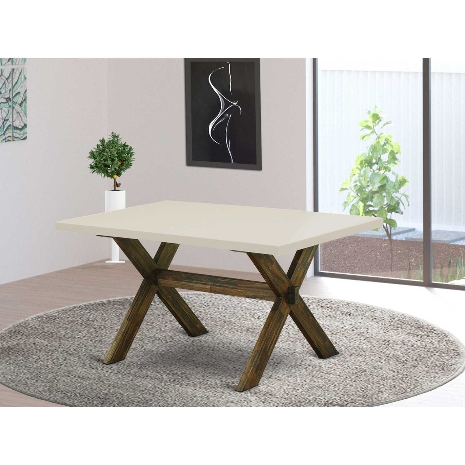 Modern X Leg Dining Table - 36x60 Inch Linen White Tabletop - Distressed Wood Finish - 36