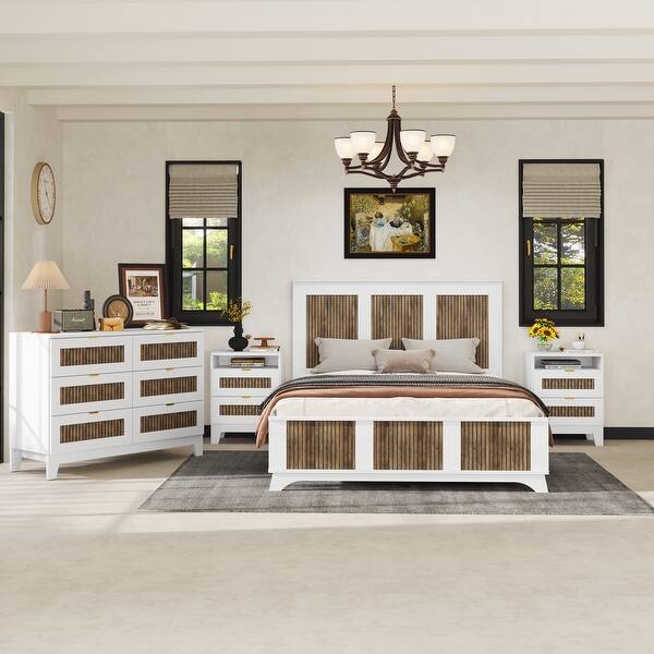 Roomfitters 4-Piece Bedroom Set Full/Queen Farmhouse Platform Bed with Wooden Strip Design, Nightstand, and Storage Dresser