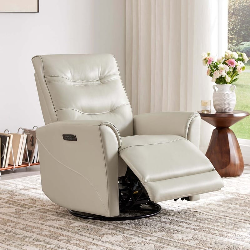 Spruce & Spring Genuine Leather Swivel Glider Recliner with Power Lumbar Support - Light Gray