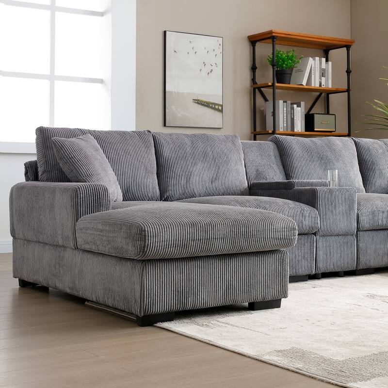 Comfy Corduroy Cloud U-shaped Sectional Sofa with Double Chiase Lounge, Built-in Storage Console and Cup Holders for Living Room