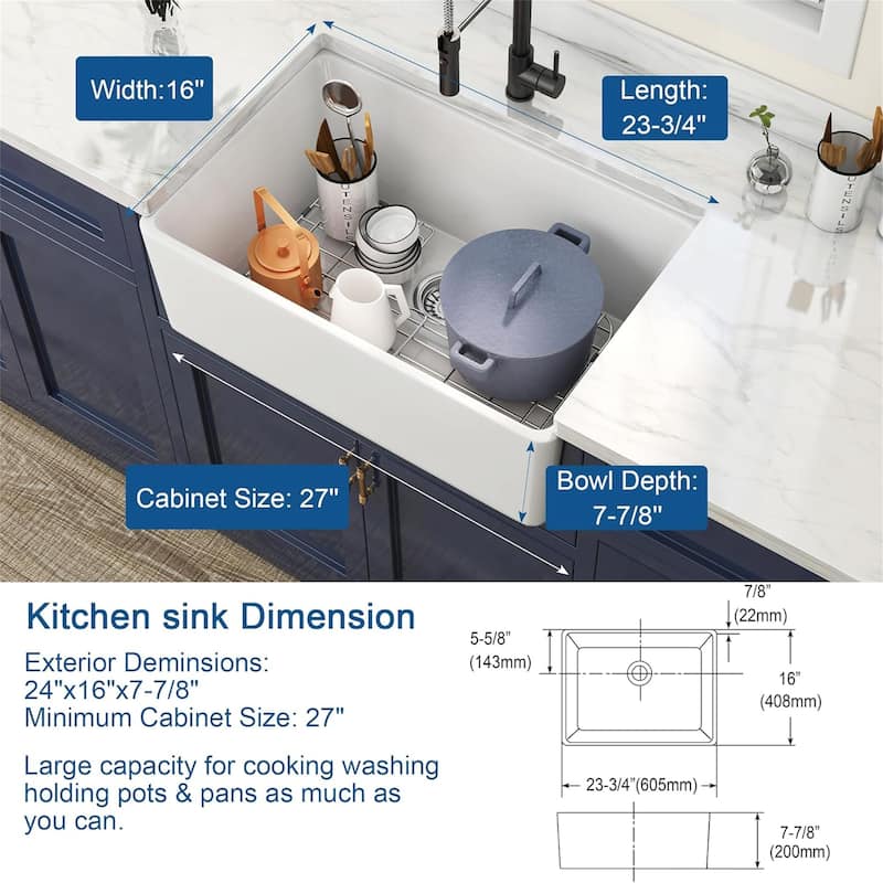 24" White Fireclay Ceramic Sink - Apron Front Single Basin with Grid