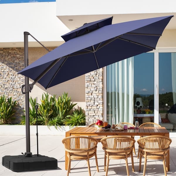 10 ft outdoor patio cantilever offset umbrella Outsunny 10ft. Solar LED Cantilever Umbrella, Offset Hanging Umbrella with  360° Rotation, Cross Base, 8 Ribs, Tilt and Crank for Yard, Khaki main image 0