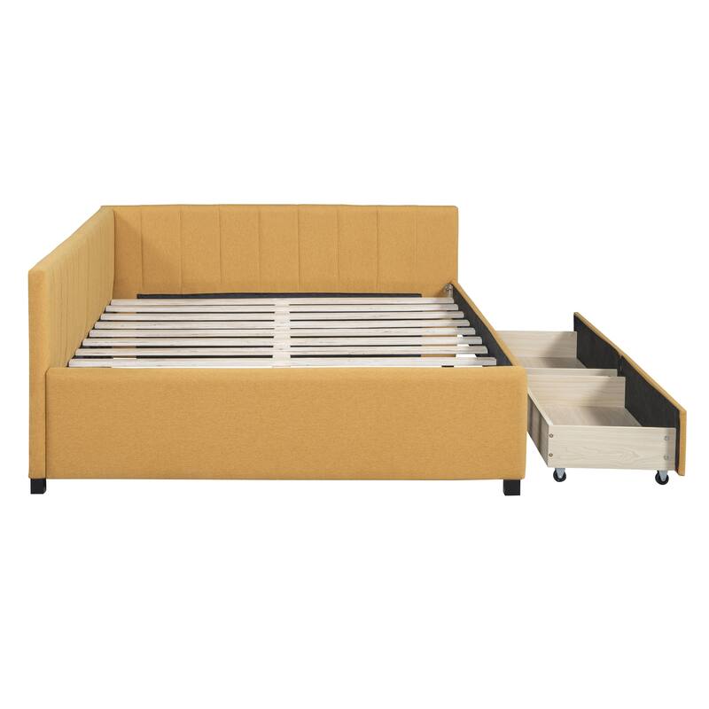 L-Shaped Backrest Daybed Upholstered Daybed Frame Classic Wood Slats Design with 2 Storage Drawers or Trundle, Full Size
