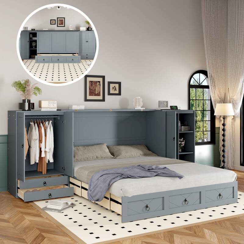Queen Size Solid Wood Murphy Bed with Charging Station, Built-In Wardrobes, Drawers, and Foldable Cabinet Design