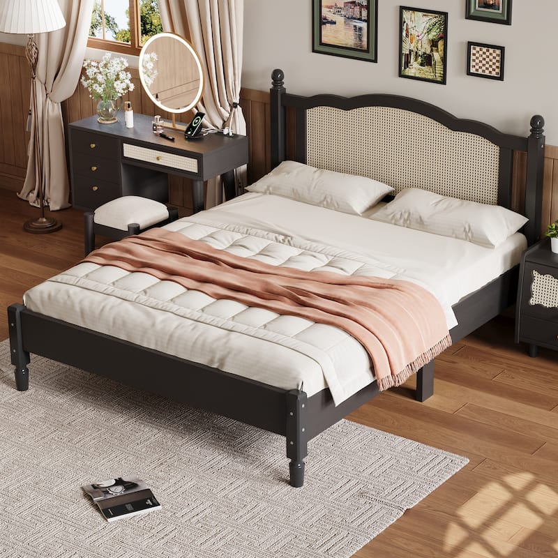 Queen Size Wooden Platform Bed with Natural Rattan Headboard, Vintage Bed Frame, Black