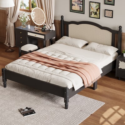 Wooden Platform Bed with Rattan Headboard Curved Wingback Bed Vintage Bed Frame Wood Slat Support Bed with Underbed Storage