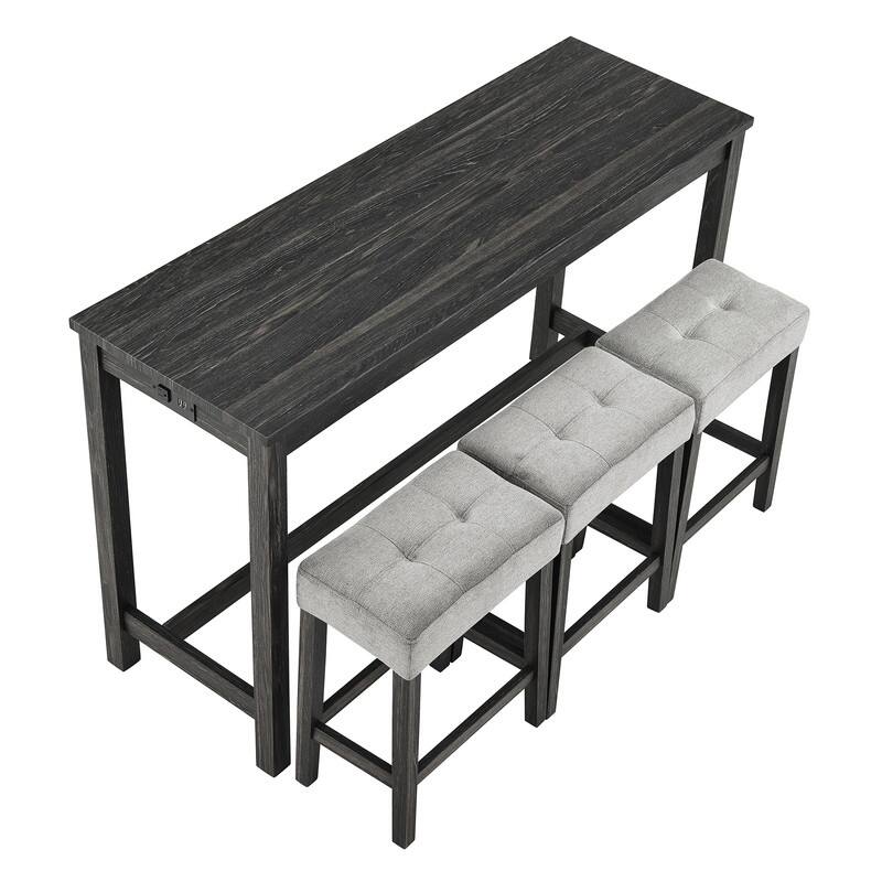 Bar Table Set with 3 Stools and Power Outlet - Black Table & Gray Stools