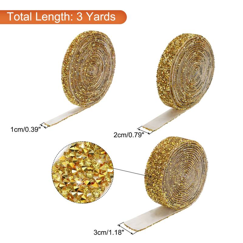 3 Roll 9 Yards Self Adhesive Crystal Rhinestone Diamond Ribbon - Gold