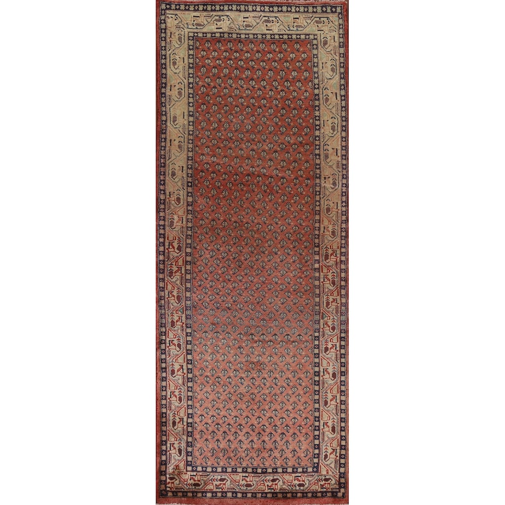 Hand Knotted Oriental 100% Wool Carpet Traditional All-Over Red Botemir Runner Rug - 10' 3'' X 3' 4''