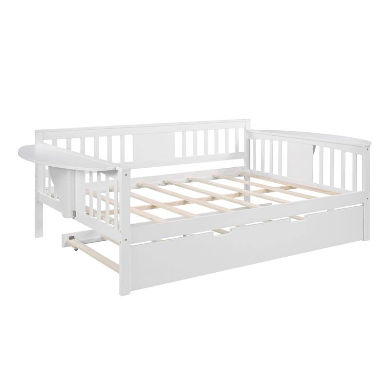 Wooden Daybed with Trundle Bed & Slatted Support, Dual-Use Sturdy Sofa Bed for Bedroom or Living Room