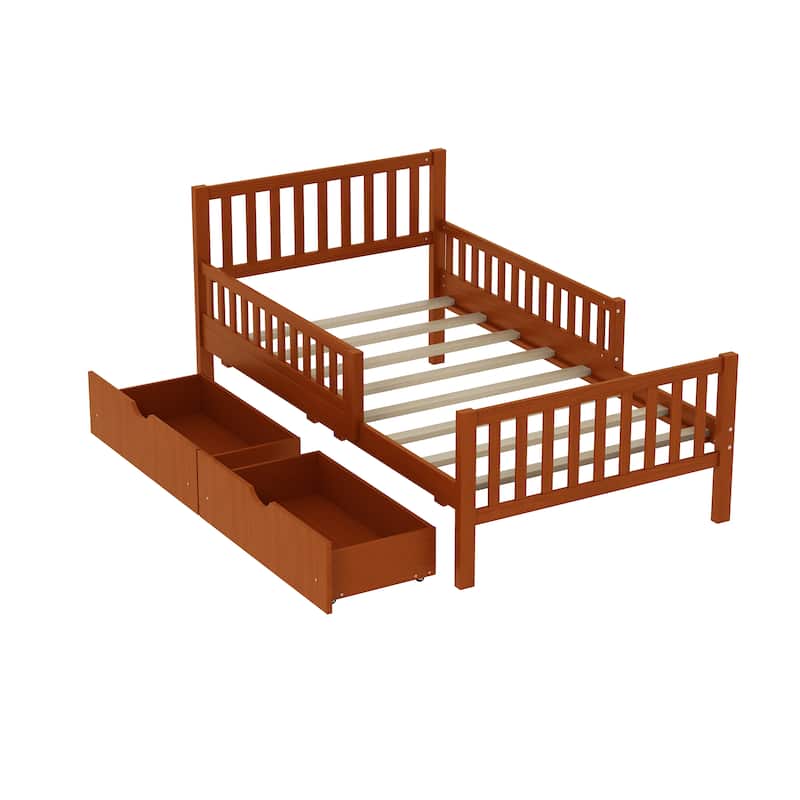 Full / Twin Walnut Wood Platform Bed with Guardrails on Both Sides and 2 Storage Drawers - Walnut - Twin