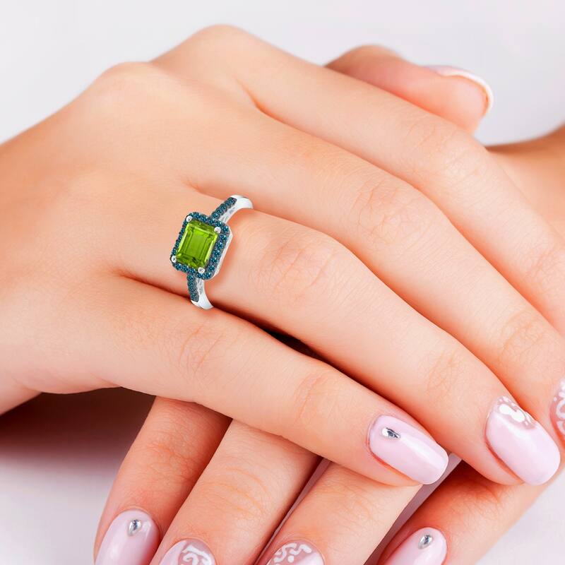 Marquee Jewels 2 1/2 Carat Emerald Cut Peridot and 1/3 CTW Blue Diamond Ring in 10K White Gold