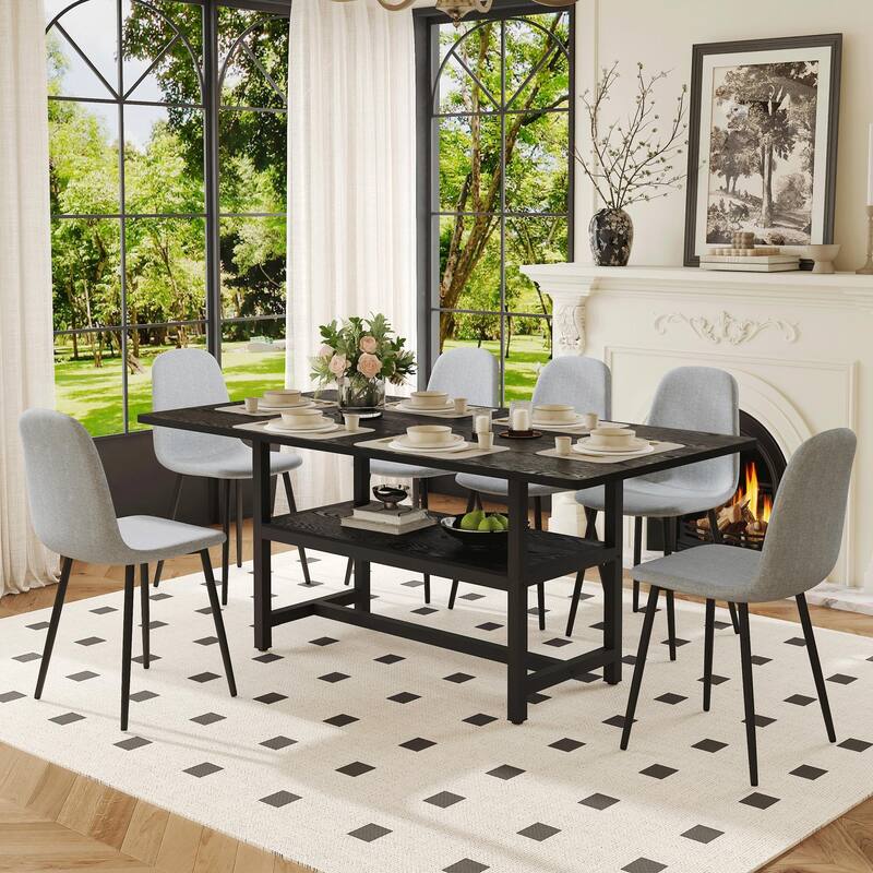 7-Piece Modern Dining Table Set, 71x35.4 Inch Wood Grain Table & 6 High-Resilience Fabric Chairs