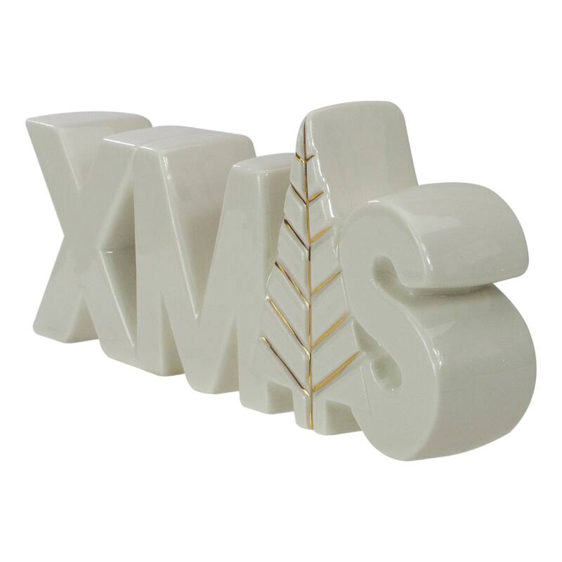 8" White and Gold "XMAS" Ceramic Christmas Tabletop Sign