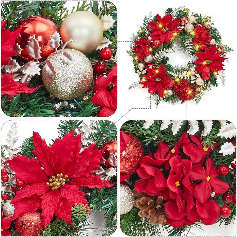 24 Inch Christmas Wreath with Lights Red Berries and Gold Ornaments - N/A