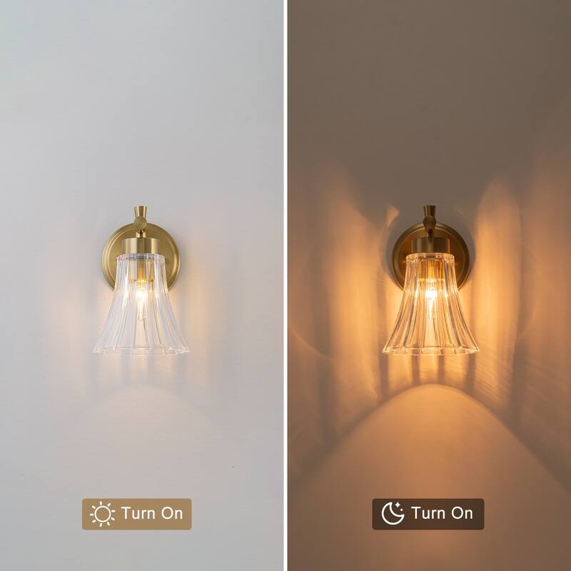 Gold Metal Wall Sconce Ribbed Trumpet Glass Shade for Bathroom Vanity