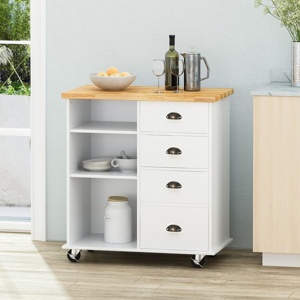 Contemporary Wood Kitchen Cart with Wheels Drawers and Cabinet by Christopher Knight Home