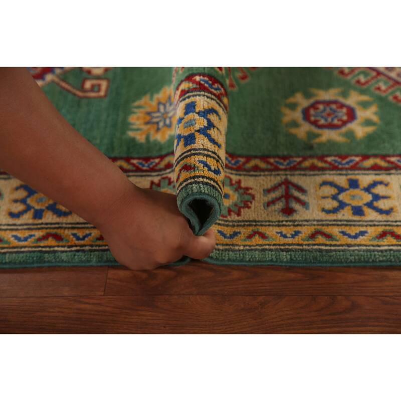 Traditional Green Kazak Runner Rug Hand-Knotted Wool Carpet - 2'8" x 16'4"