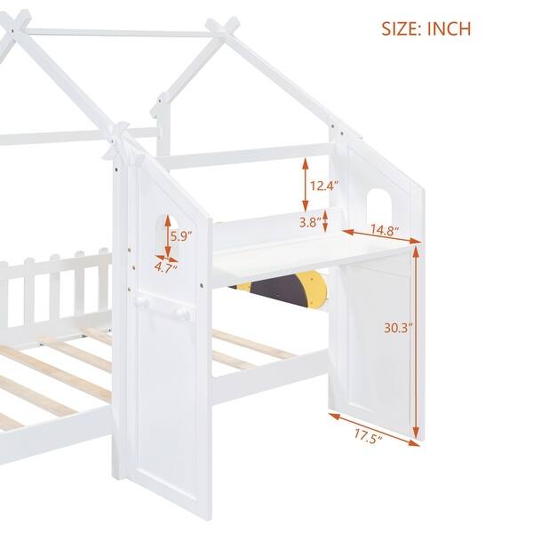 dimension image slide 1 of 3, Twin Platform Bed with Windmill, Flower Decor & Desk - House Bed Style