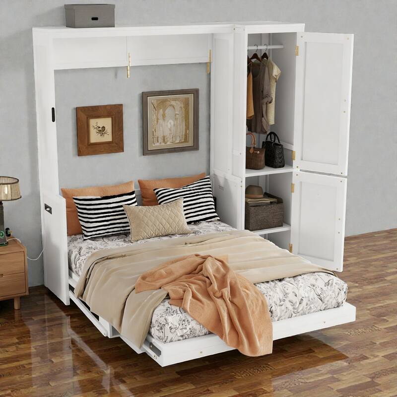 Queen Murphy Bed with Wardrobe and Desk, Space-Saving Wall Bed with Gas Struts and Charging Station