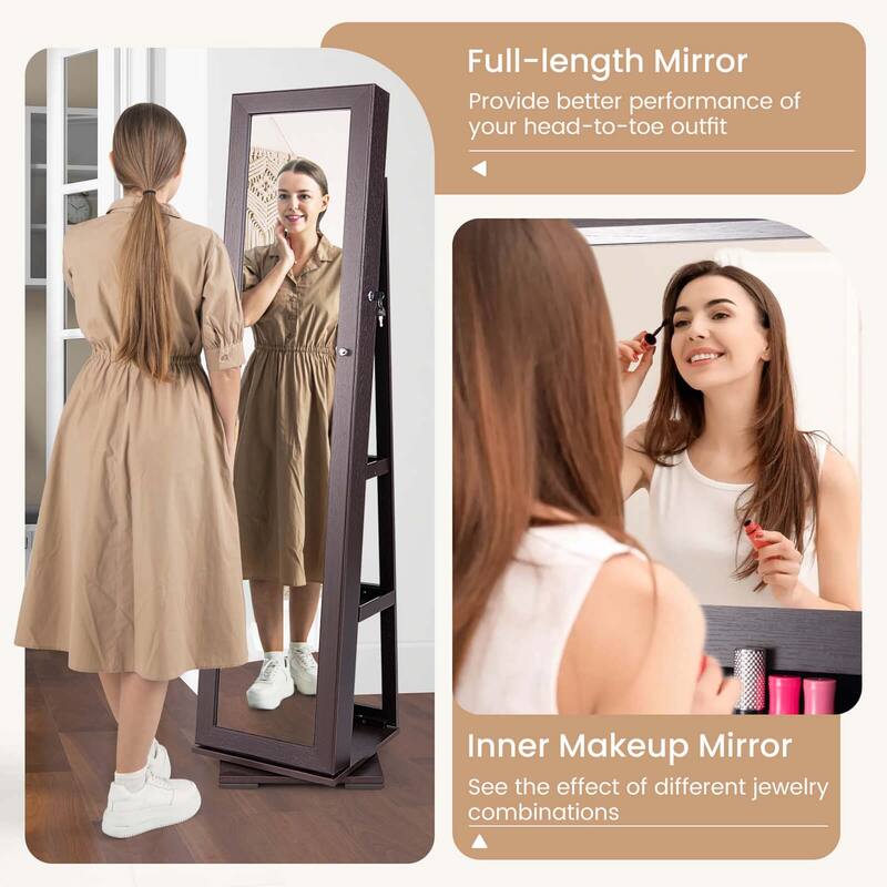 Costway 360degree Rotatable Jewelry Cabinet 2-in-1 Lockable Mirrored - See Details