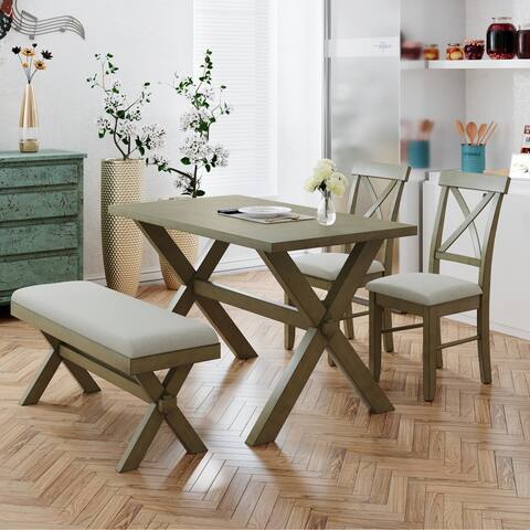 4 Pieces Farmhouse Rustic Wood Kitchen Dining Table Set with Upholstered 2 X-back Chairs and Bench