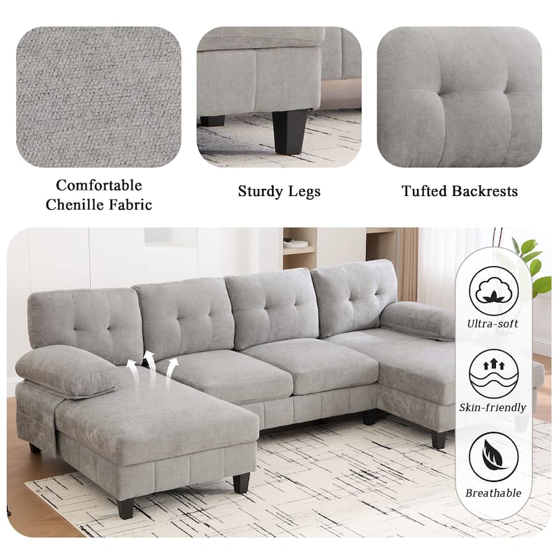 Roomfitters U-Shaped Chenille Sectional Sofa with Dual Chaises, Armrest Pillows and Storage Pockets for Living Room