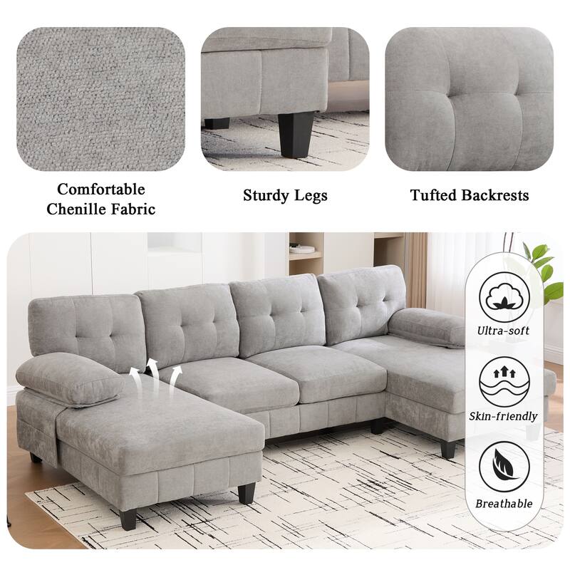 U-Shaped Modular Sectional Sofa with Dual Chaise Lounges, Chenille Fabric Cloud Couch with Storage Pockets & Armrest Pillows