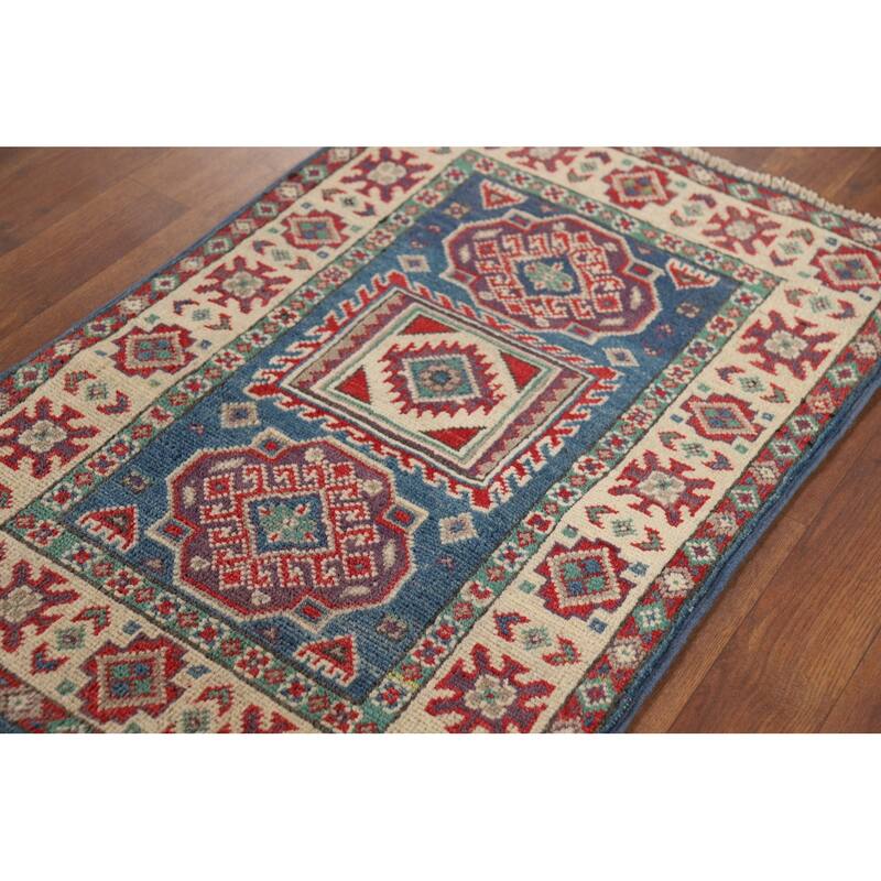 Blue Geometric Kazak Foyer Rug Handmade Wool Carpet - 2'0" x 3'0"