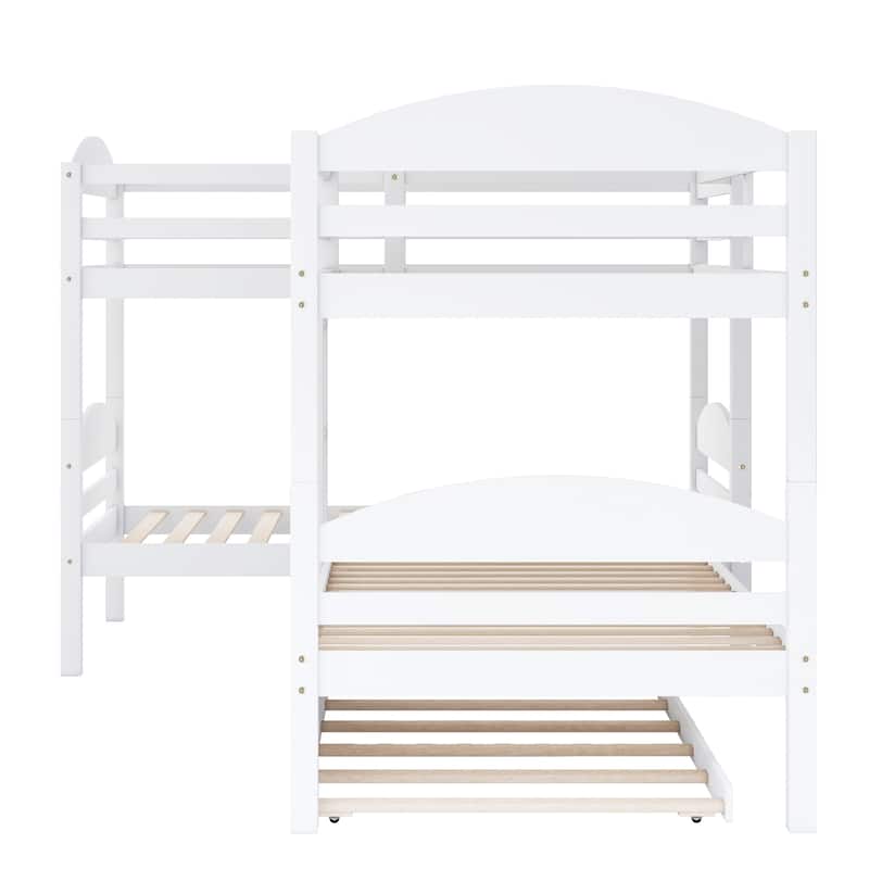 Twin L-Shaped Bunk Bed with Trundle Solid Pine Wood Convertible Beds