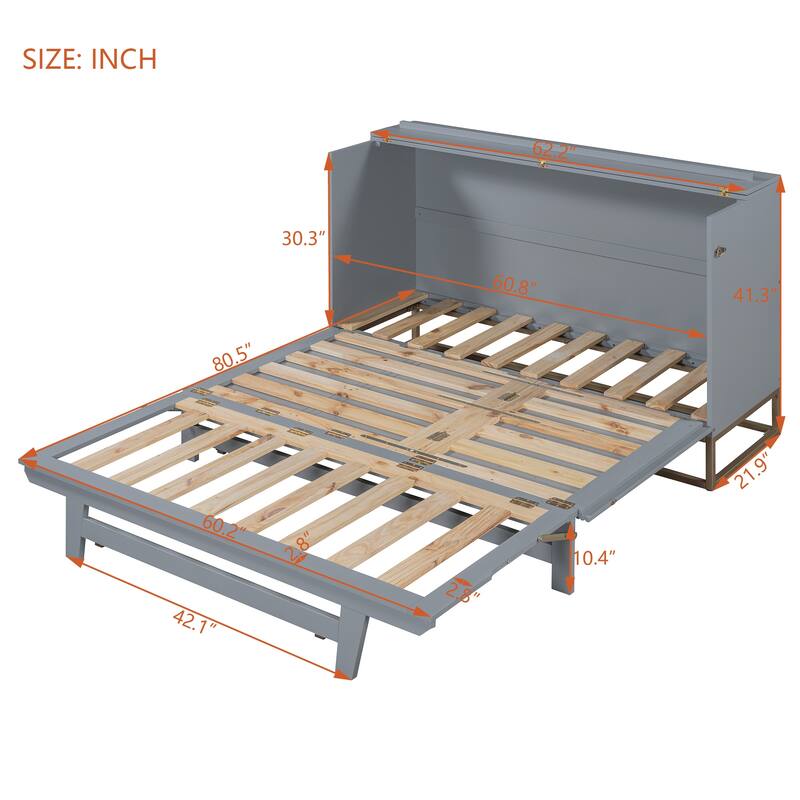 Queen Wood Murphy Bed, Modern Murphy Bed Chest with Metal Leg, Home Folded Bed Frame with Wood Slat Support for Small Room