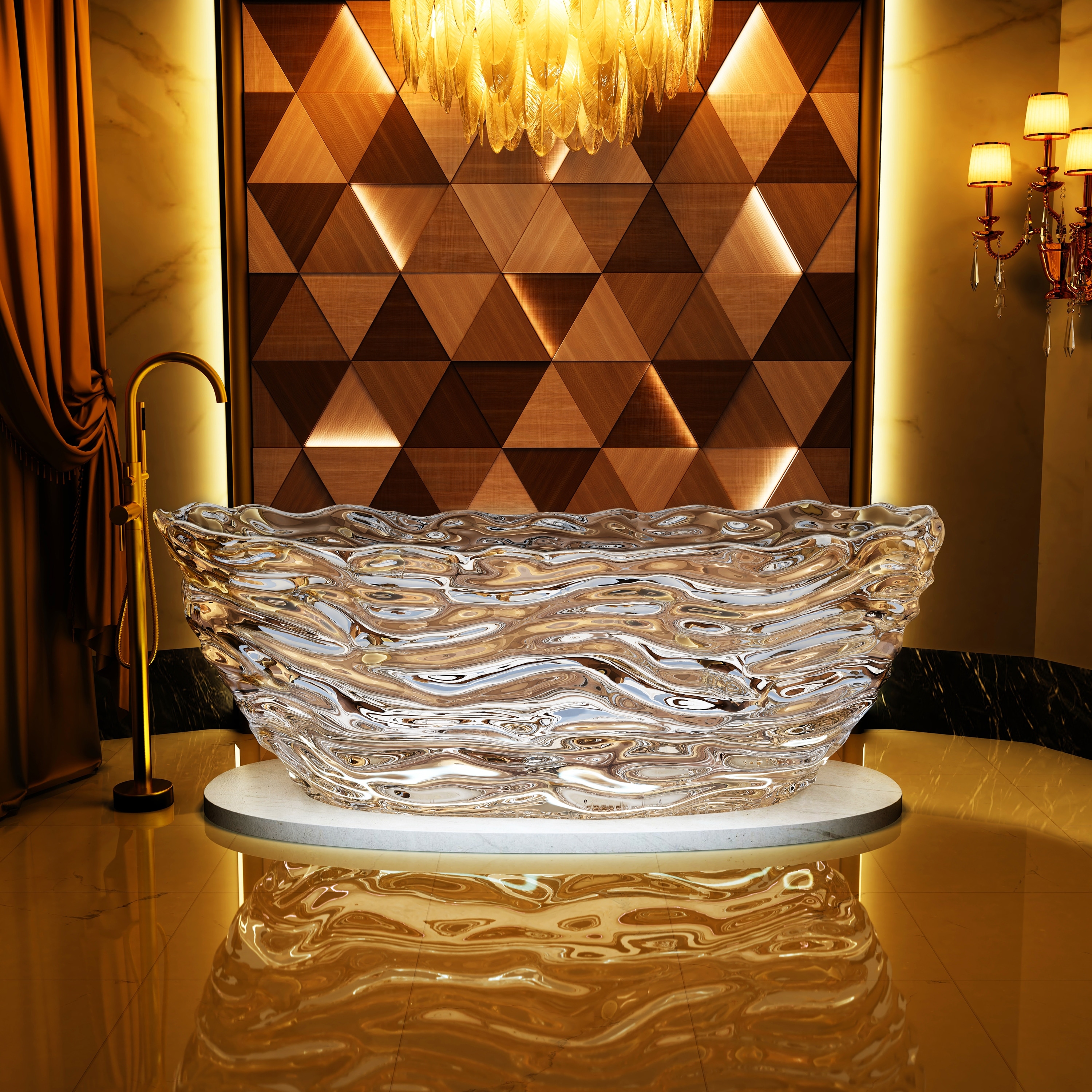 Modern Transparent Resin Stone Freestanding Soaking Bathtub with Center Drain, Wave Pattern Design and Ergonomic Lumbar Support