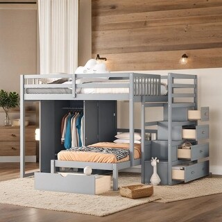 Contemporary Full Over Twin Bunk Bed with Wardrobe and Convenient Footboard Drawers, Versatile Sleeping Arrangements, Gray