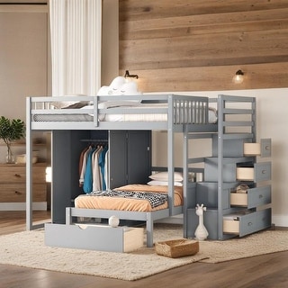 Full Over Twin Bunk Bed with Wardrobe and Drawers, Space-saving, Gray