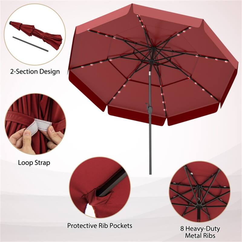 Outdoor 10 ft Umbrella with 3-Tier Venting Solar LED Lights Tilt and Crank for Poolside or Garden