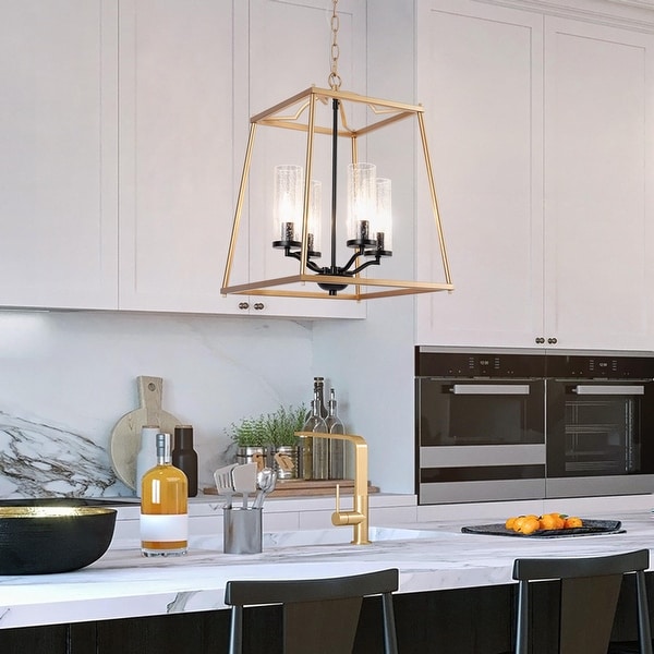Mid Century Modern 4 Light Black Gold Geometric Chandelier Glass Pendant Lights for Dining Room Black and Gold