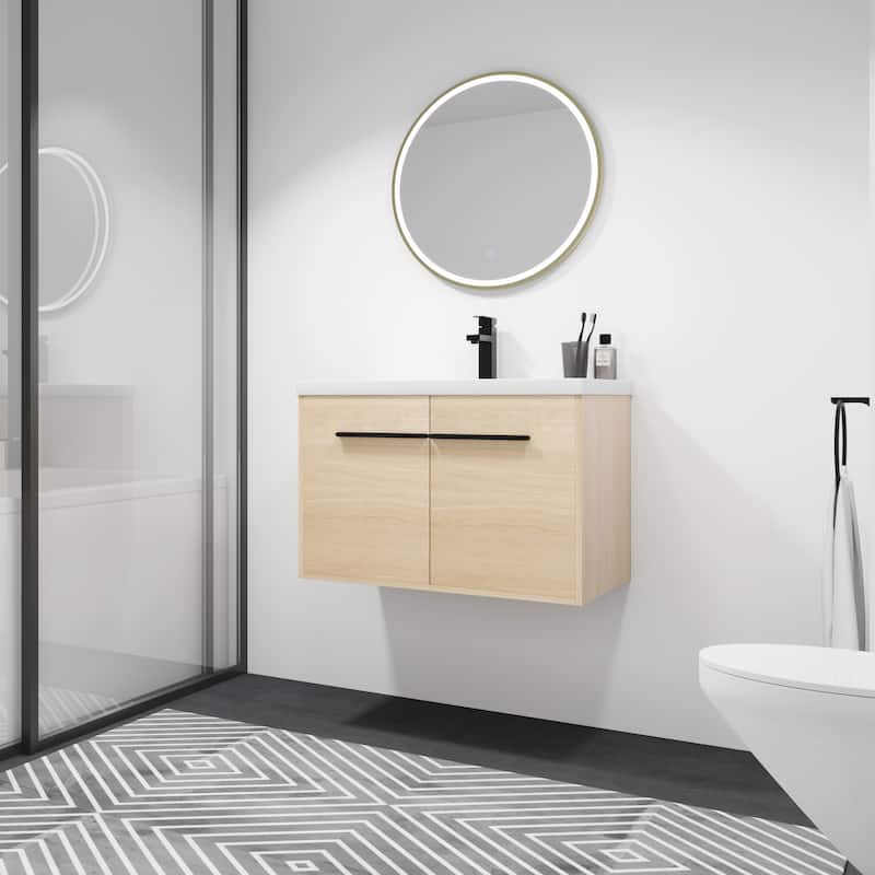 Fully Assembled Black 30 Inch Bathroom Vanity with Ceramic Countertop Sink, Oak 2 Doors Bathroom Cabinet Set